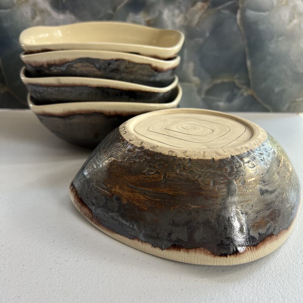 Studio Art Pottery Brown Square Shaped Bowls Stoneware Handmade Set of 5